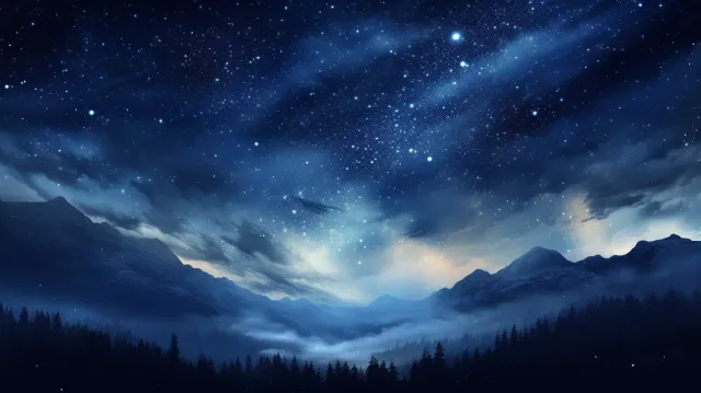 Landscape of wilderness and mountains in a night full of stars