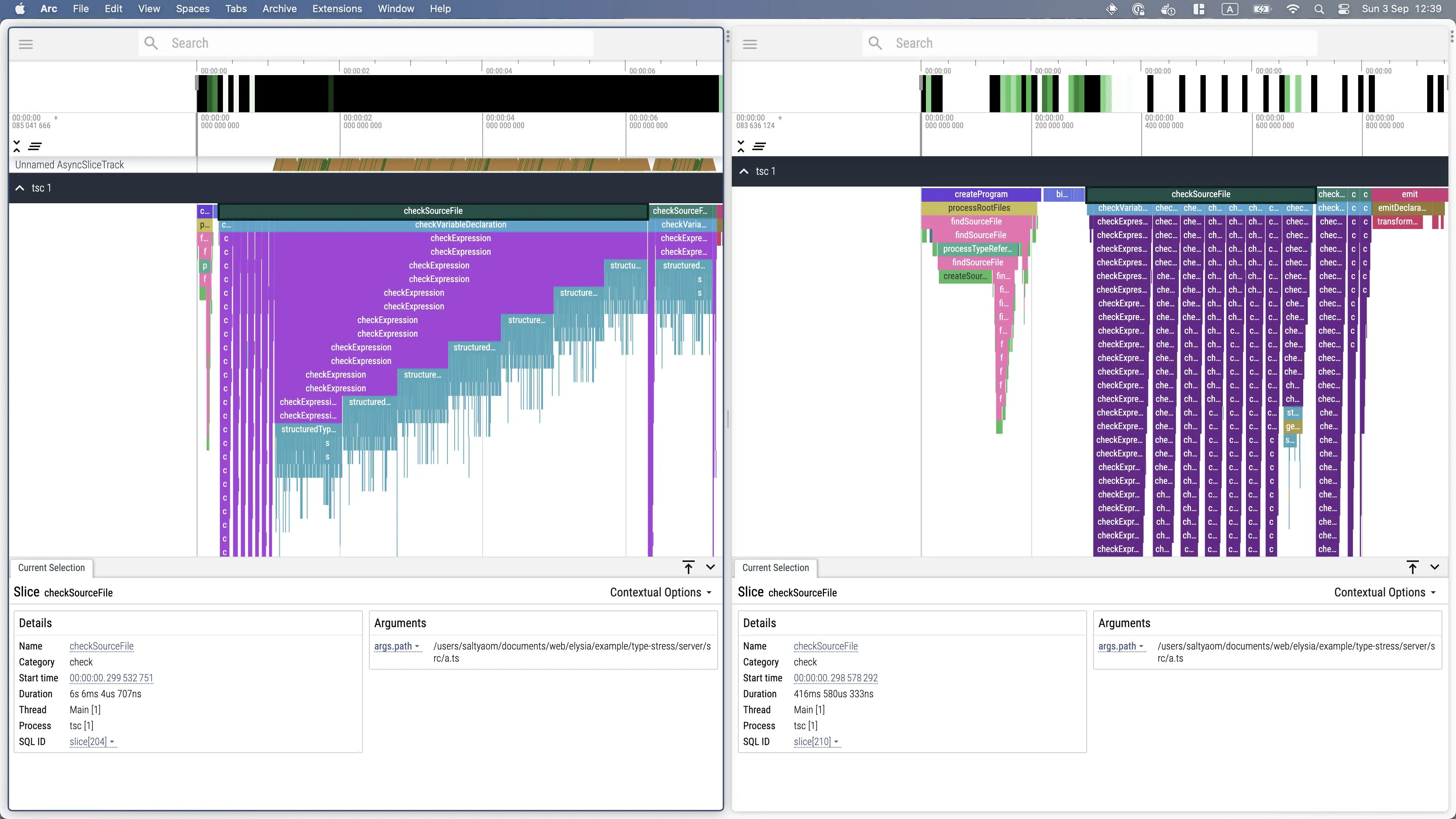 Comparison between Elysia 0.6 and 0.7 on a complex project with our 300 routes, and 3,500 lines of type declaration